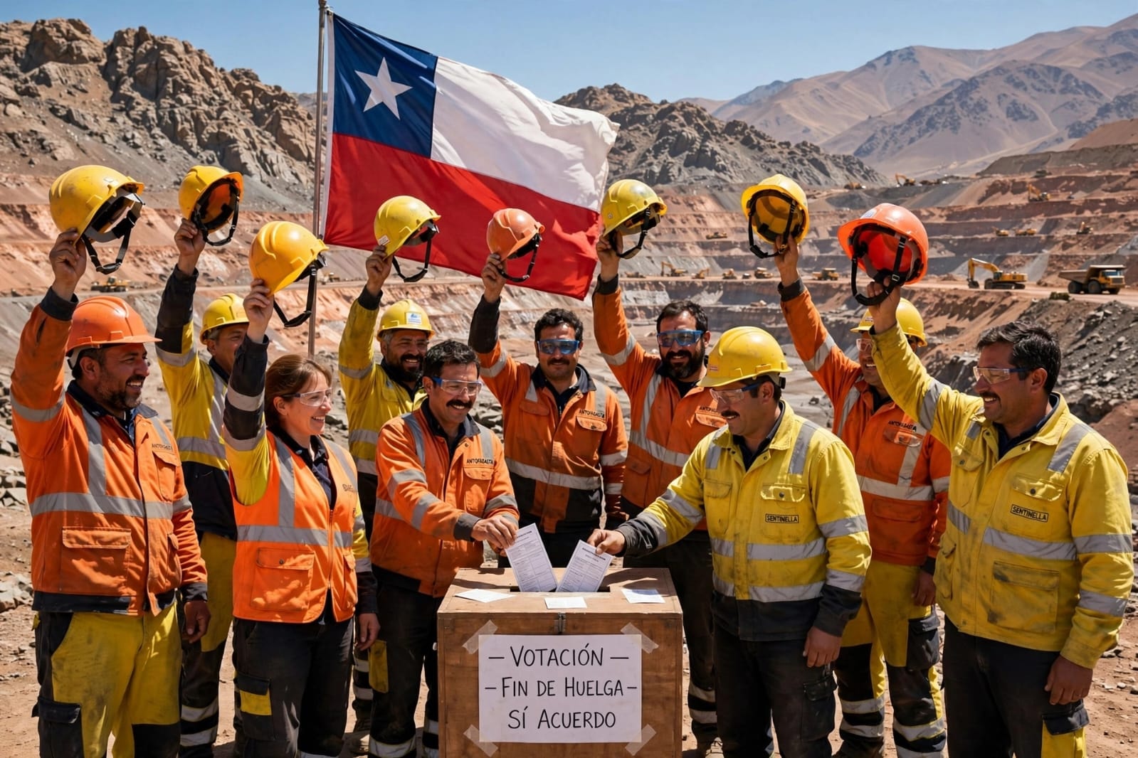 GoChilean copper mine workers in orange and yellow safety uniforms celebrate the end of the Centinela mine strike, holding up helmets next to a ballot box labeled voting to end strike, with the Chilean flag and an open-pit copper mine in the background.