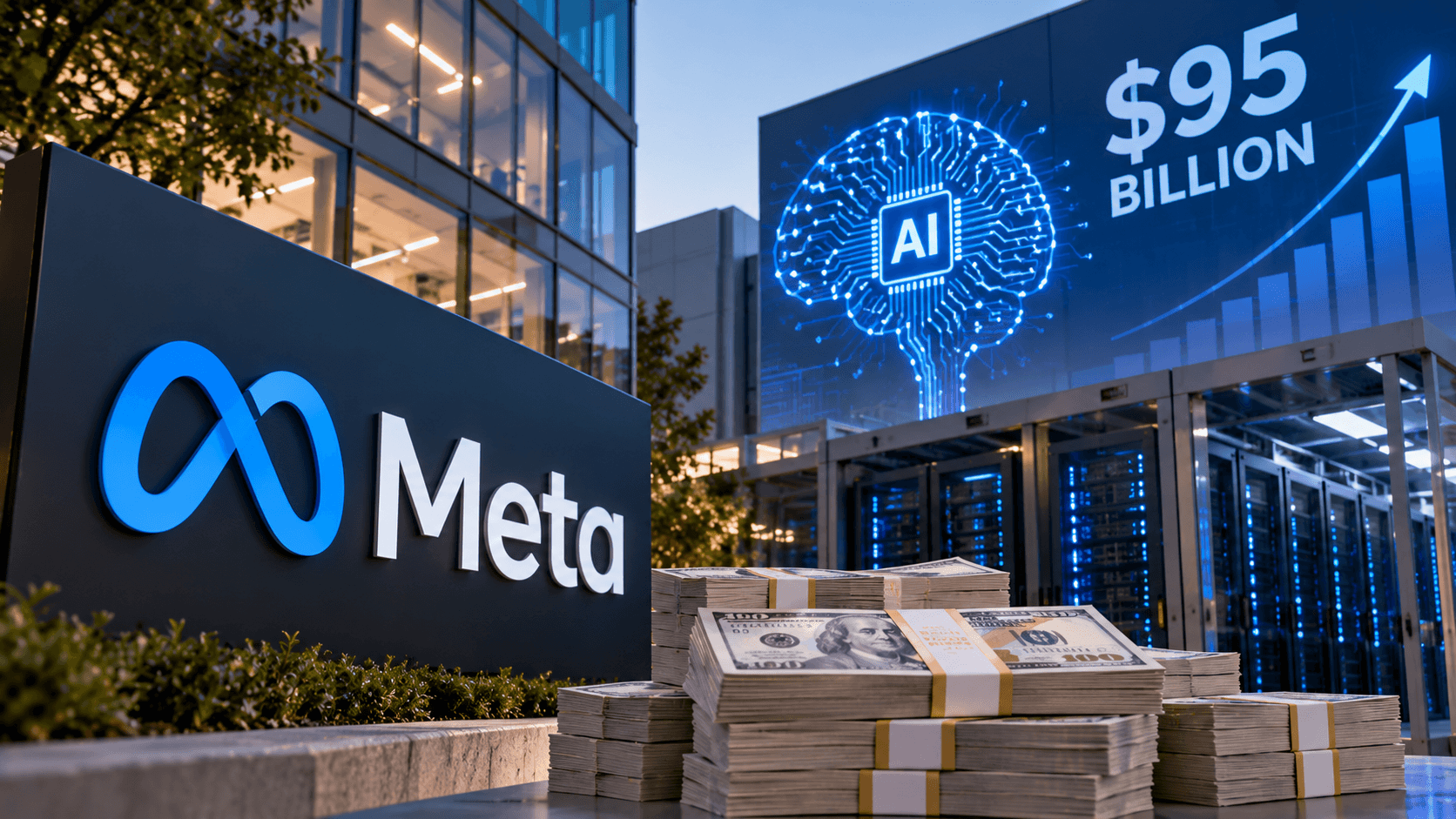 AI-generated illustration featuring the Meta logo, data center servers, stacks of US dollars, and a $95 billion graphic representing Meta's planned fundraising to finance artificial intelligence investments.