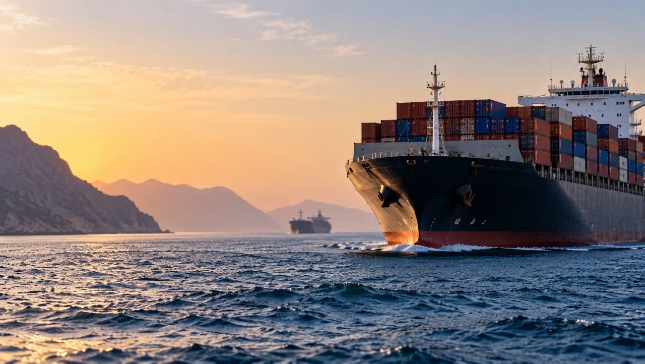 AI-generated illustration of a large container ship sailing through international waters at sunset, symbolizing global maritime trade and concerns over shipping security, energy supplies and food transportation.