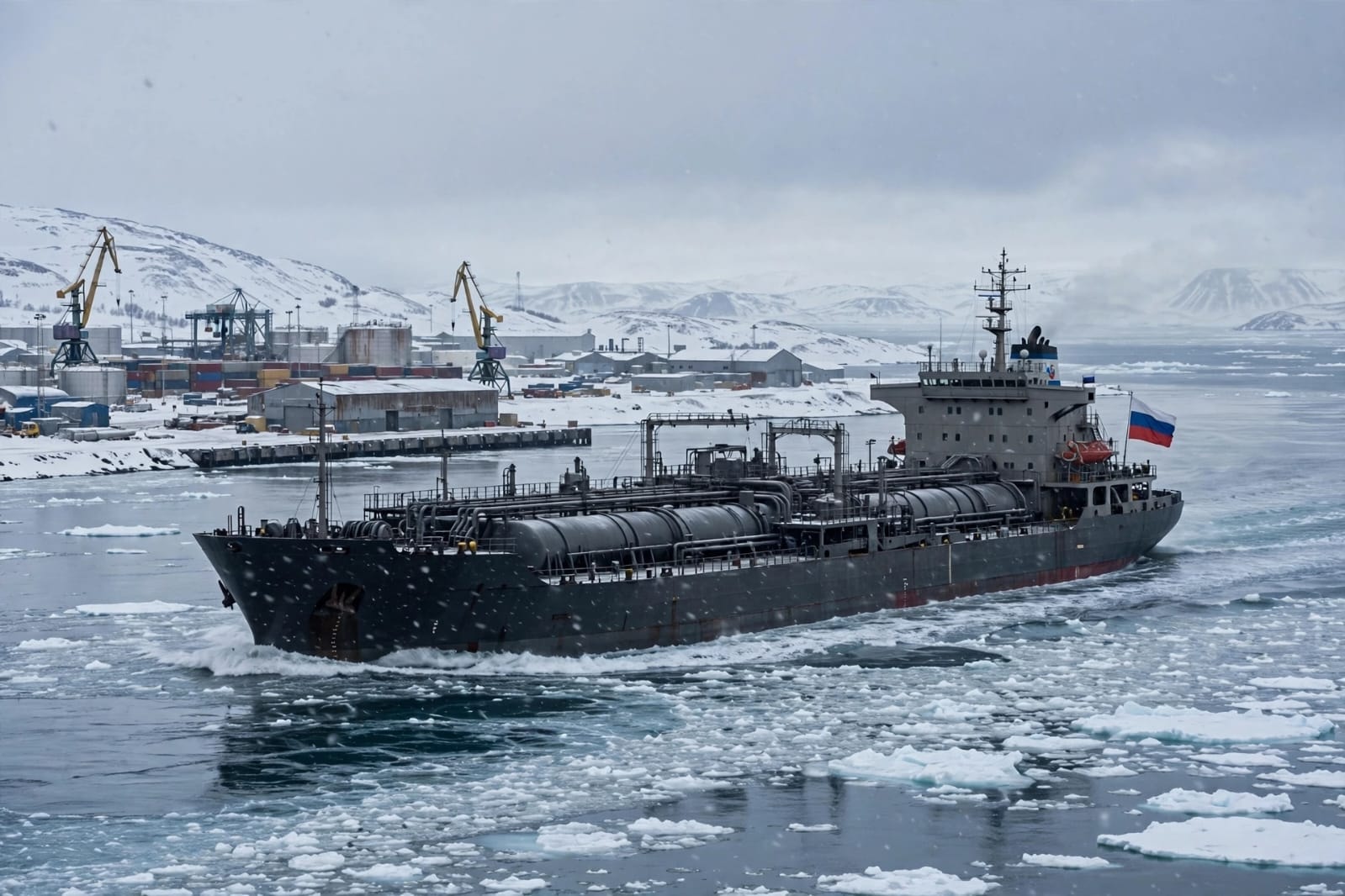 A large Russian diesel tanker flying the Russian flag departs from the snow-covered industrial port of Tiksi, navigating through icy Arctic waters.