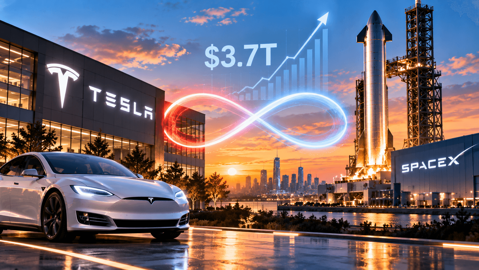 AI-generated illustration of a Tesla electric car and a SpaceX rocket, with both company logos and a $3.7 trillion valuation graphic, symbolizing a potential merger between the two companies.