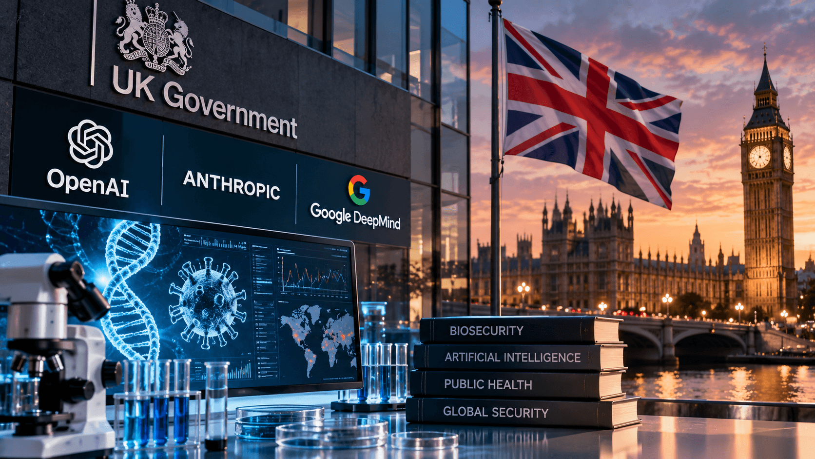 AI-generated illustration of a UK biosecurity laboratory featuring artificial intelligence technology, DNA imagery, laboratory equipment, OpenAI, Anthropic and Google DeepMind logos, and the British flag with London's skyline in the background.