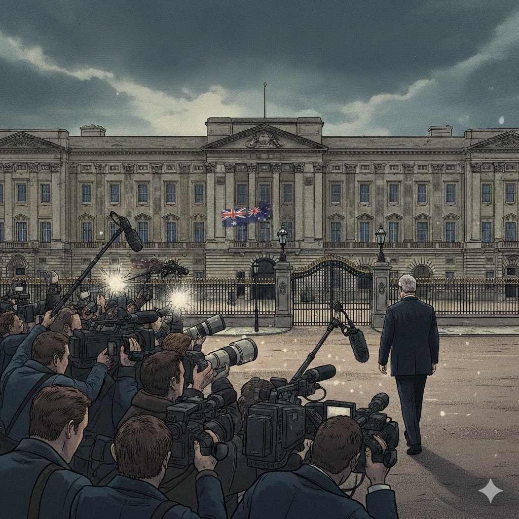 عدسات الإعلام ترصد خروج الأمير أندرو من قصر بكنغهام تزامنًا مع دراسة بريطانيا، بدعم أسترالي ودولي، لخطة إبعاده نهائيًا عن خط العرش إثر فضائح إبستين. (AI)