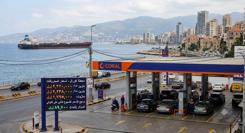 صورة لمحطة وقود في لبنان مع لوحة أسعار إلكترونية تعرض الأسعار الجديدة