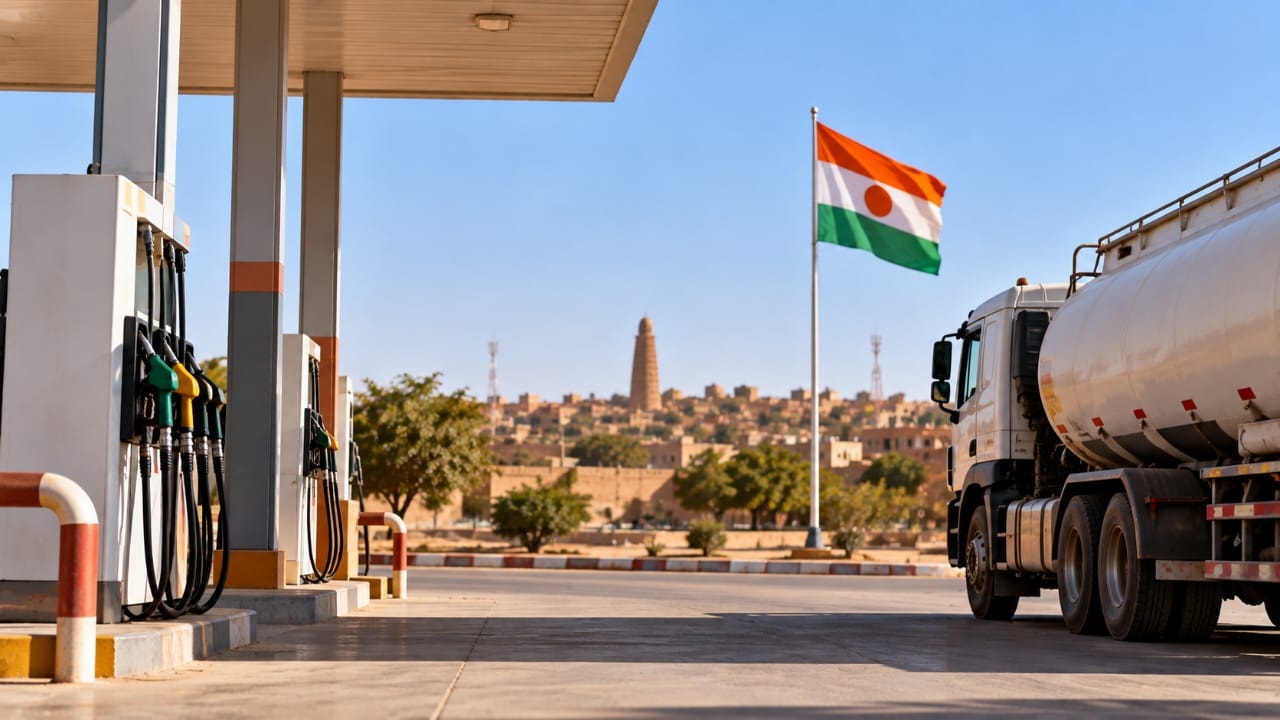 AI-generated illustration of a fuel station and tanker truck with the Niger flag in the background