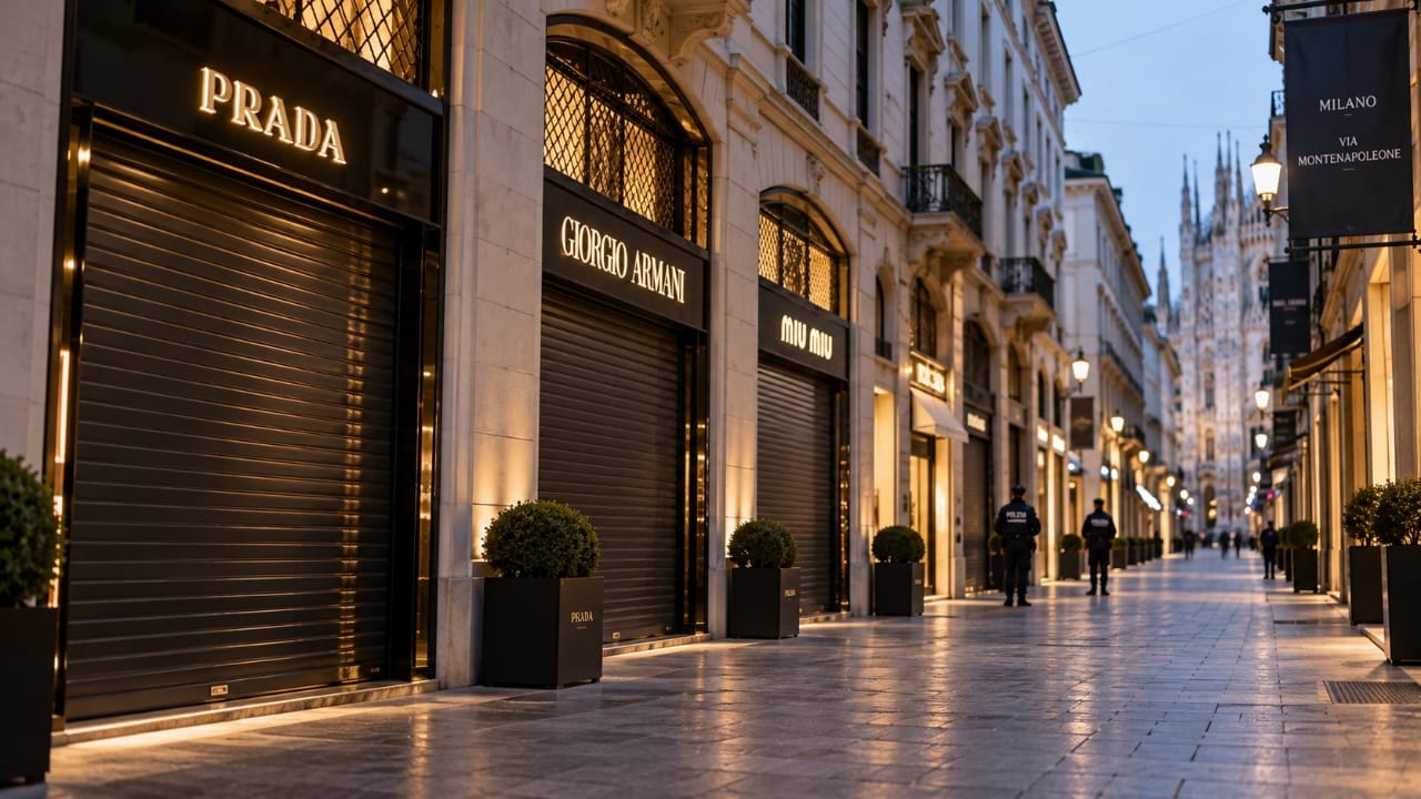 AI-generated illustration of closed luxury boutiques in Milan, including Prada, Giorgio Armani and Miu Miu, with police officers on a nearly empty shopping street amid security concerns.