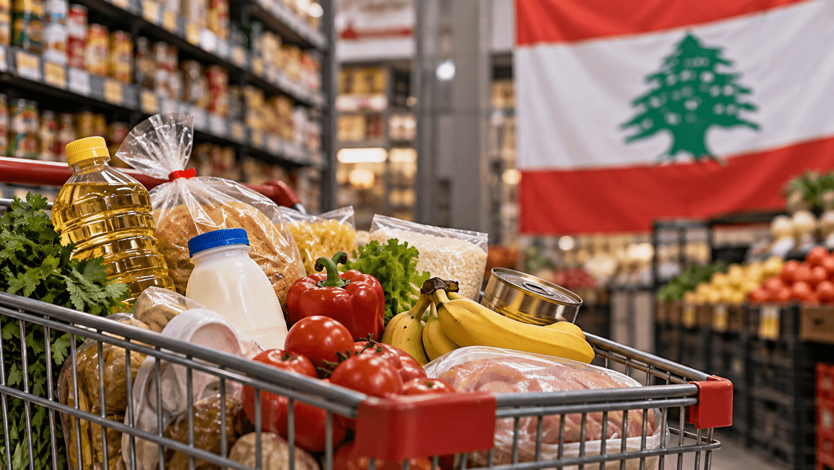 AI-generated illustration of a shopping cart filled with groceries inside a Lebanese supermarket, with the Lebanese flag in the background, symbolizing rising consumer prices and inflation in Lebanon.