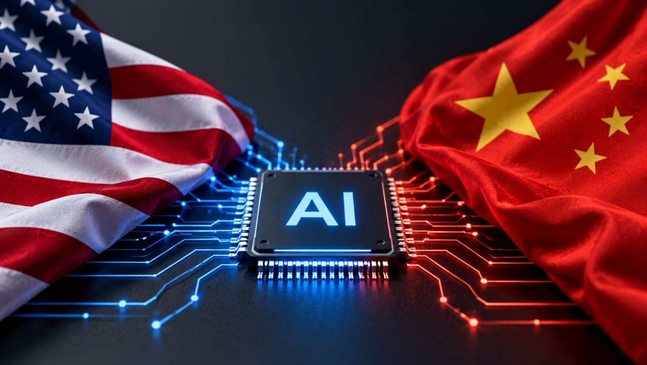 AI-generated illustration of an artificial intelligence chip positioned between the American and Chinese flags, with blue and red electronic circuits symbolizing technological competition between the United States and China.