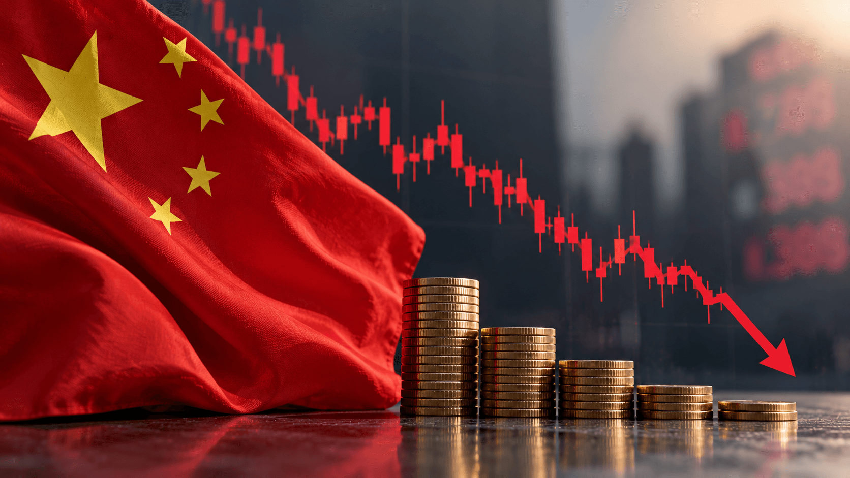 AI-generated illustration of China's stock market decline, featuring the Chinese flag, decreasing stacks of coins, and a downward financial chart symbolizing the $3.5 trillion market value loss.