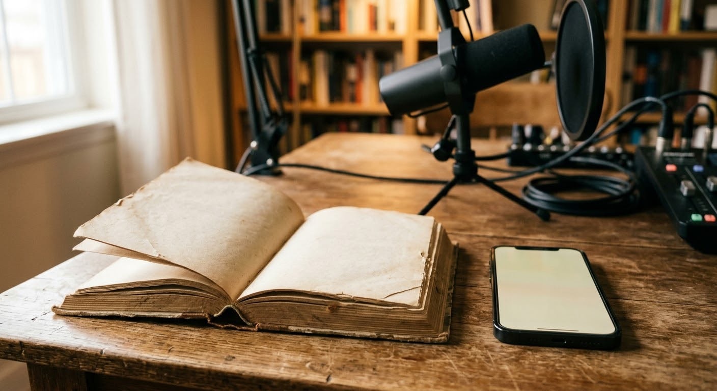 كتاب مفتوح بجانب هاتف وميكروفون بودكاست ai