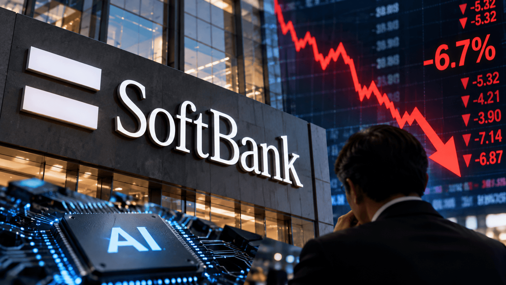 AI-generated illustration of SoftBank branding, a declining stock market chart, an AI chip and a businessman viewed from behind, symbolizing investor concerns over artificial intelligence investments and rising borrowing costs.