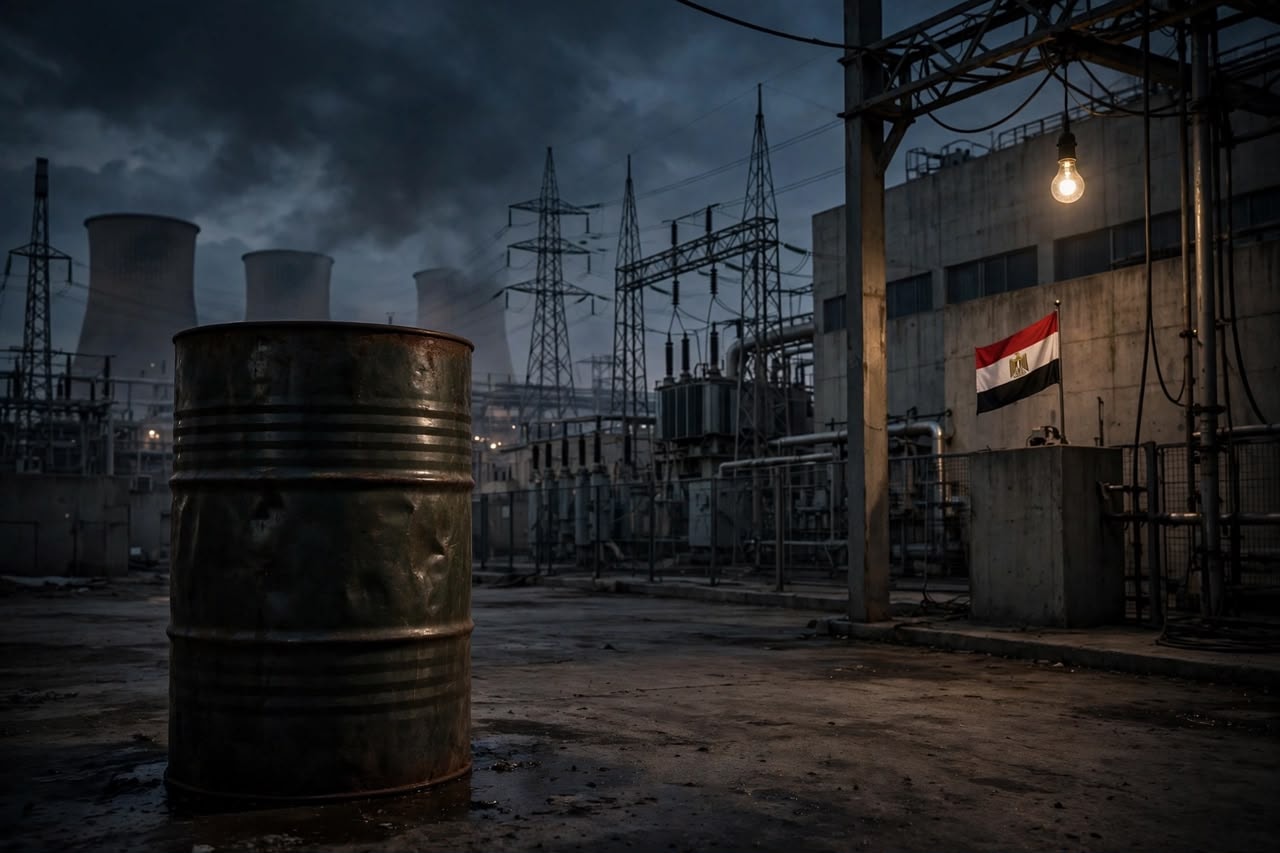 Dark industrial view of an electrical substation at night with power lines and transformers