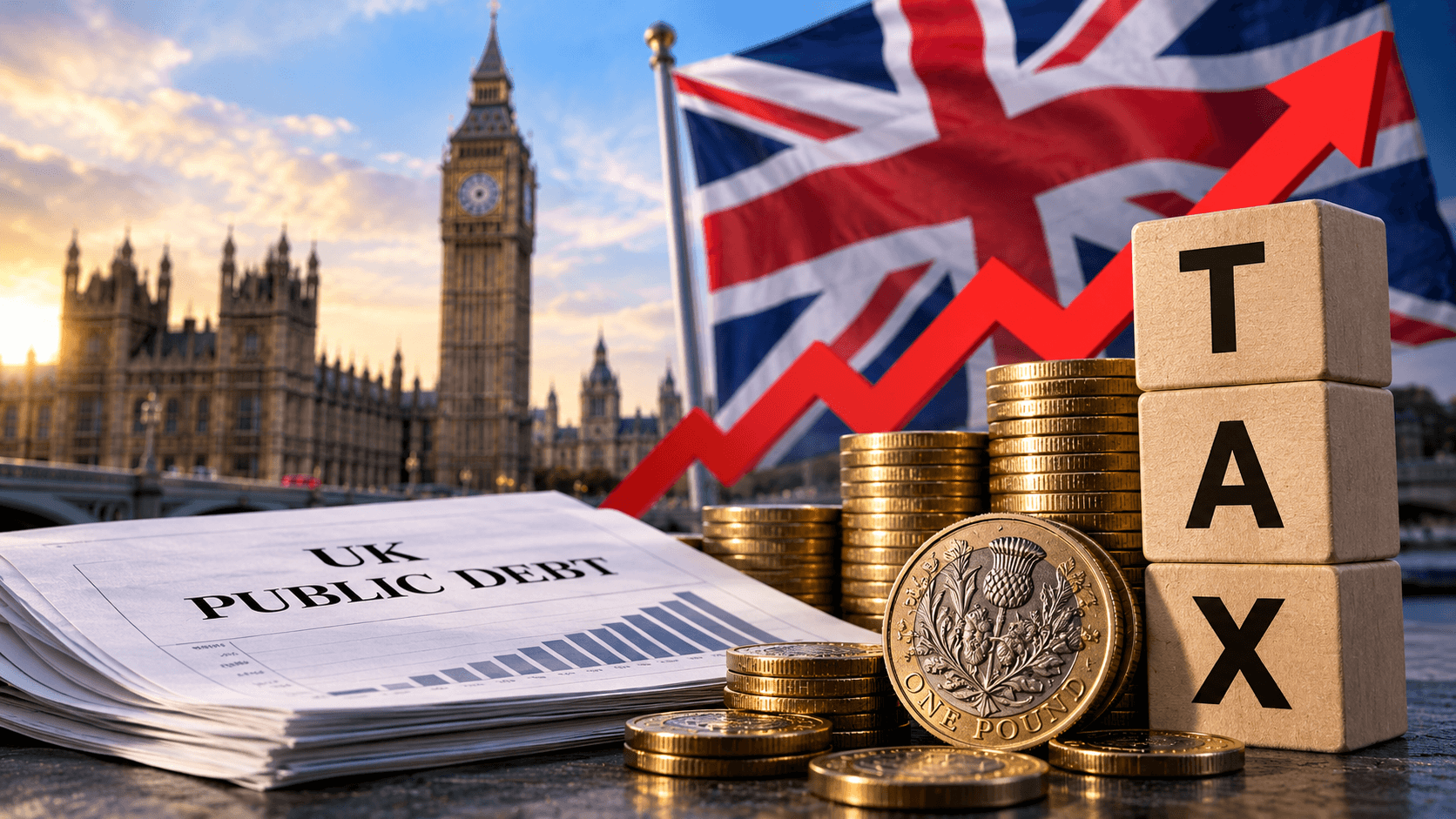 AI-generated illustration of British pound coins, TAX blocks, public debt documents, a rising red arrow, the UK flag, and Big Ben, representing increasing taxes and public debt in Britain.