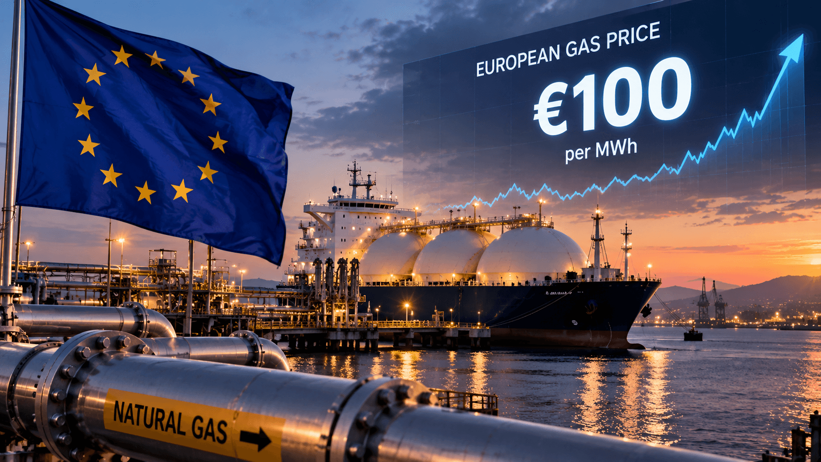 AI-generated illustration of an LNG tanker at a European gas terminal, with the European Union flag and a rising chart showing natural gas prices reaching €100 per megawatt-hour.