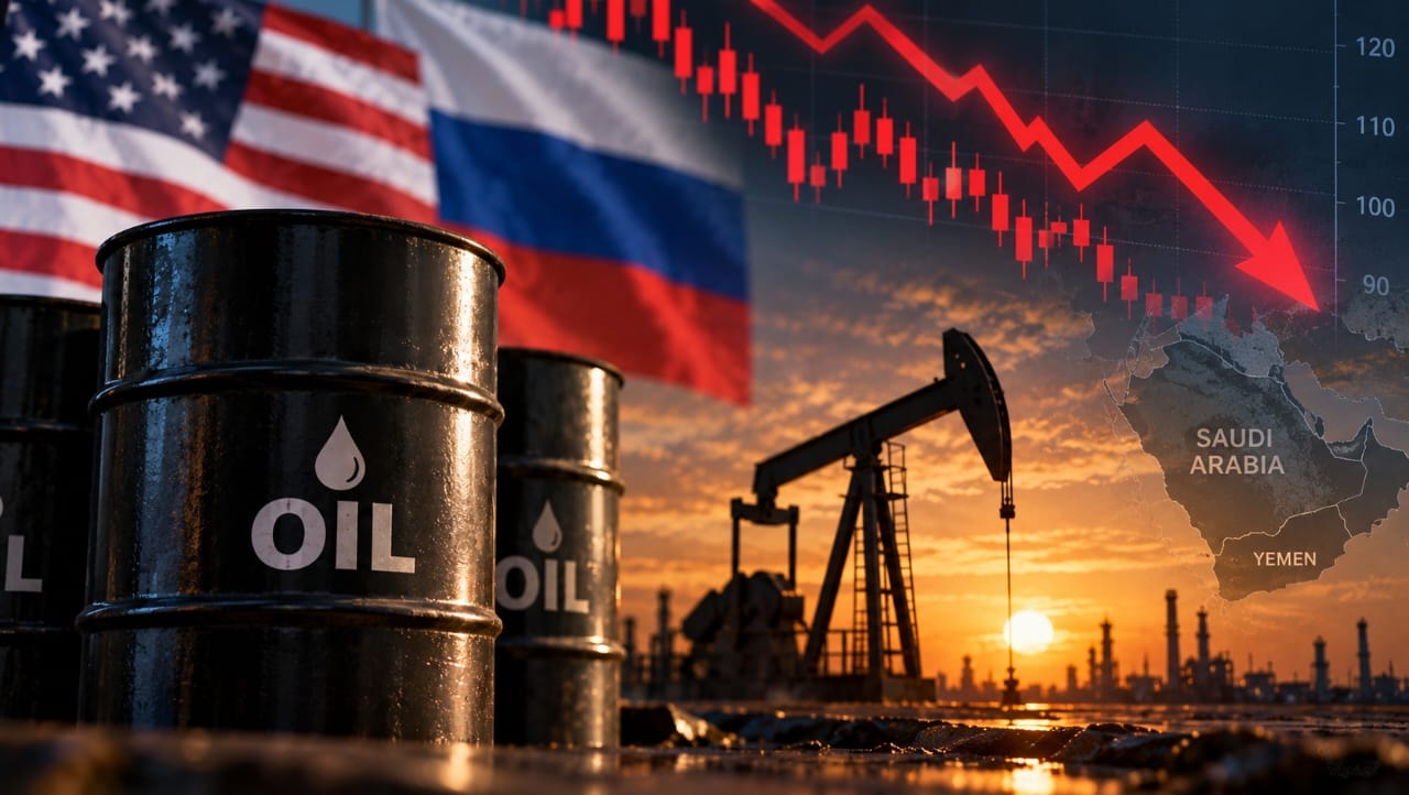 AI-generated illustration of oil barrels, an oil pumpjack, US and Russian flags, and a downward financial chart, symbolizing falling oil prices amid Russian energy sanctions and Middle East supply concerns.