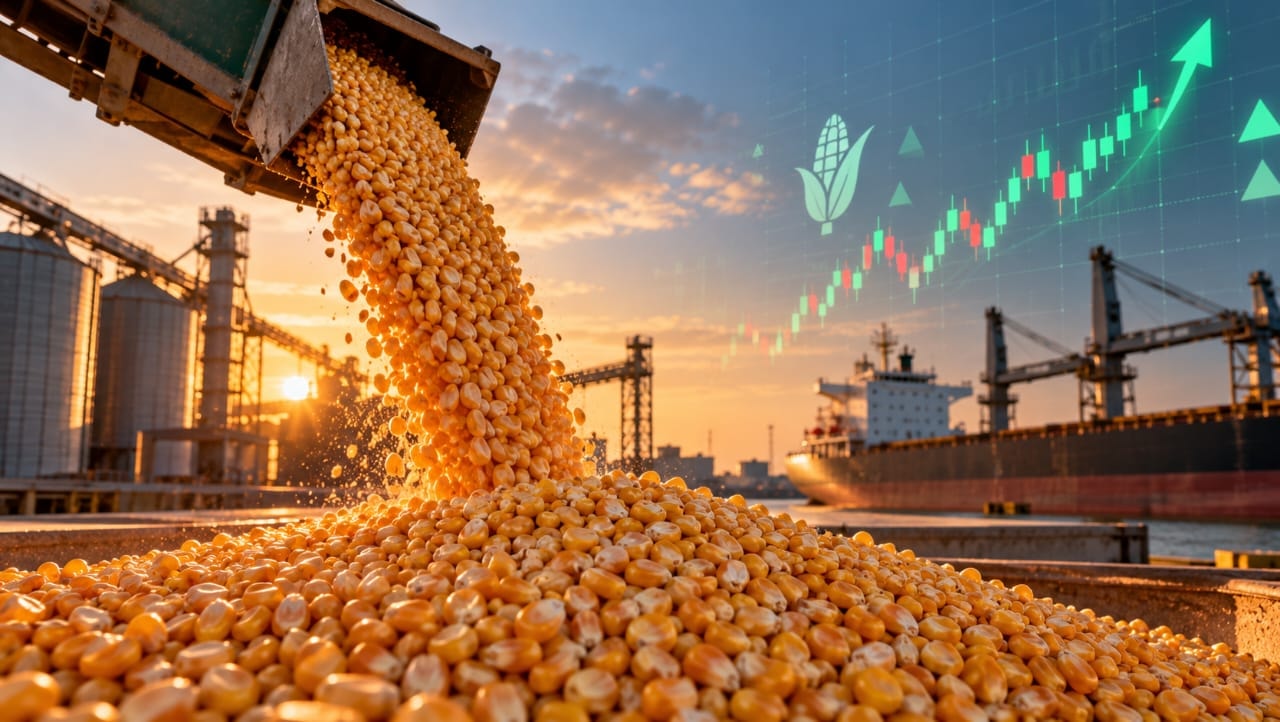 AI-generated illustration of corn kernels being poured at a grain export terminal, with storage silos, a cargo ship and an upward financial chart, symbolizing rising US corn futures and stronger global demand.