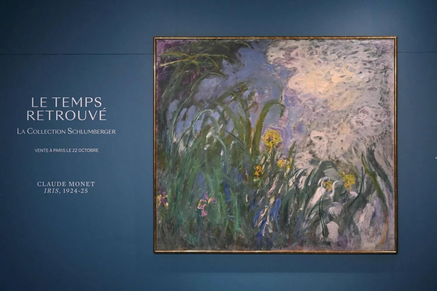 Claude Monet's painting Iris (1924–1925) displayed at Sotheby's auction house in Paris during a preview of the Schlumberger Collection on September 17, 2026.