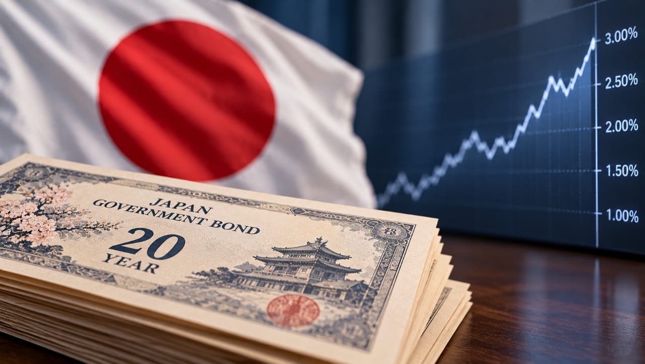 AI-generated illustration of Japanese government bond certificates, the Japanese flag and an upward financial chart, symbolizing strong investor demand for Japan's 20-year government bonds.
