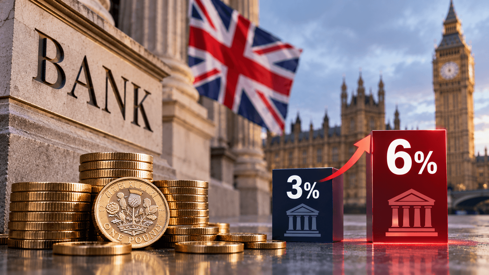 AI-generated illustration of British pound coins, the UK flag, and a financial graphic showing the bank tax surcharge rising from 3% to 6%, with London's Big Ben in the background.