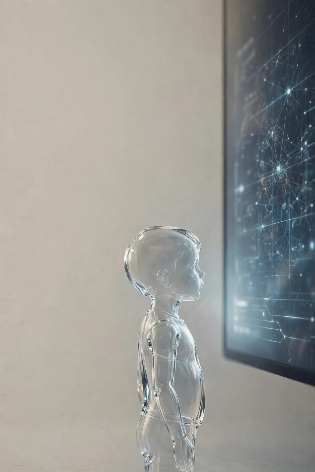 A transparent glass child standing in profile, gazing at a large glowing digital screen filled with neural network connections — symbolizing borrowed innocence in the age of AI.