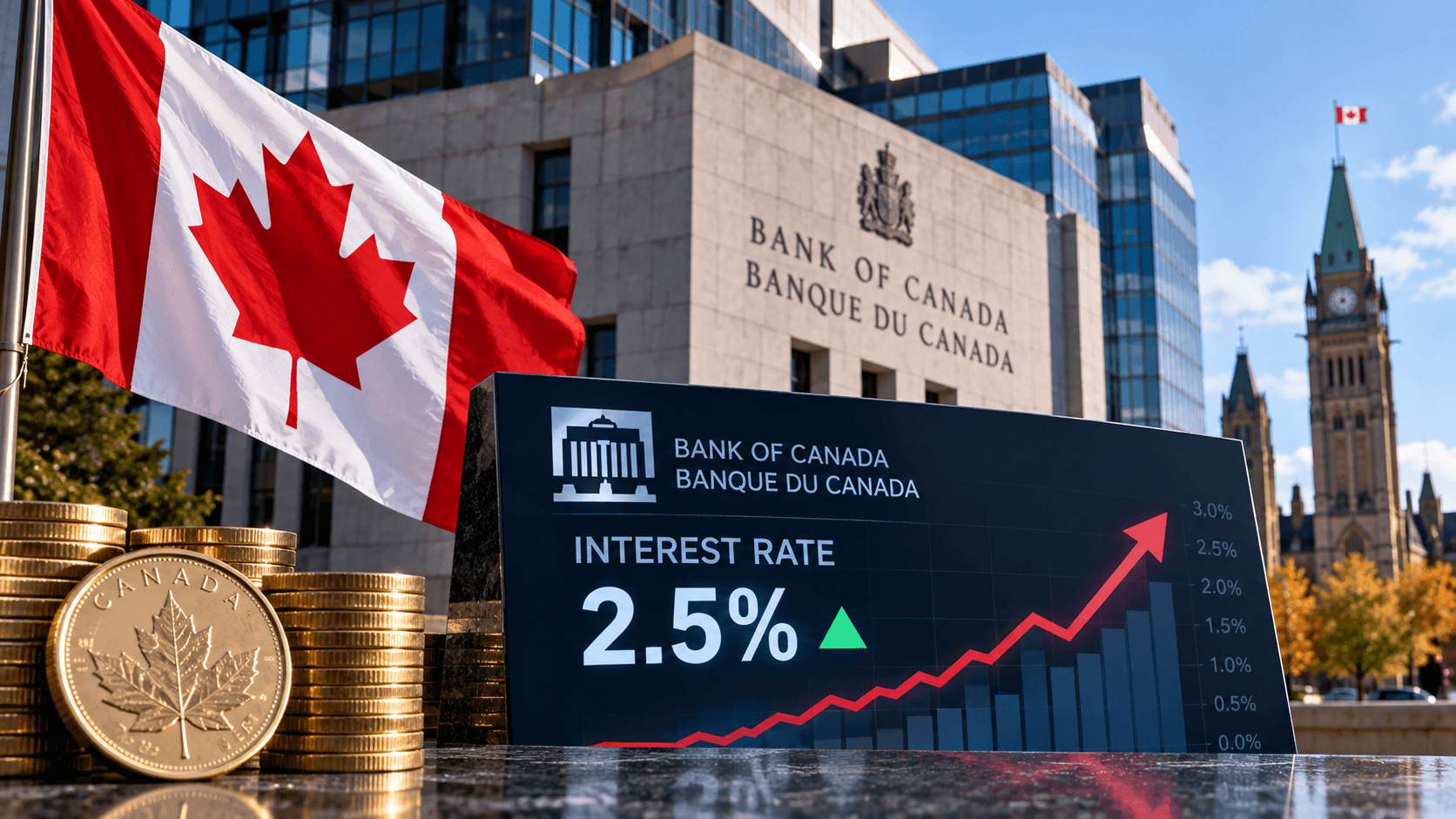 AI-generated illustration of the Bank of Canada building, a Canadian flag, Canadian coins, and a financial display showing the interest rate rising to 2.5%.