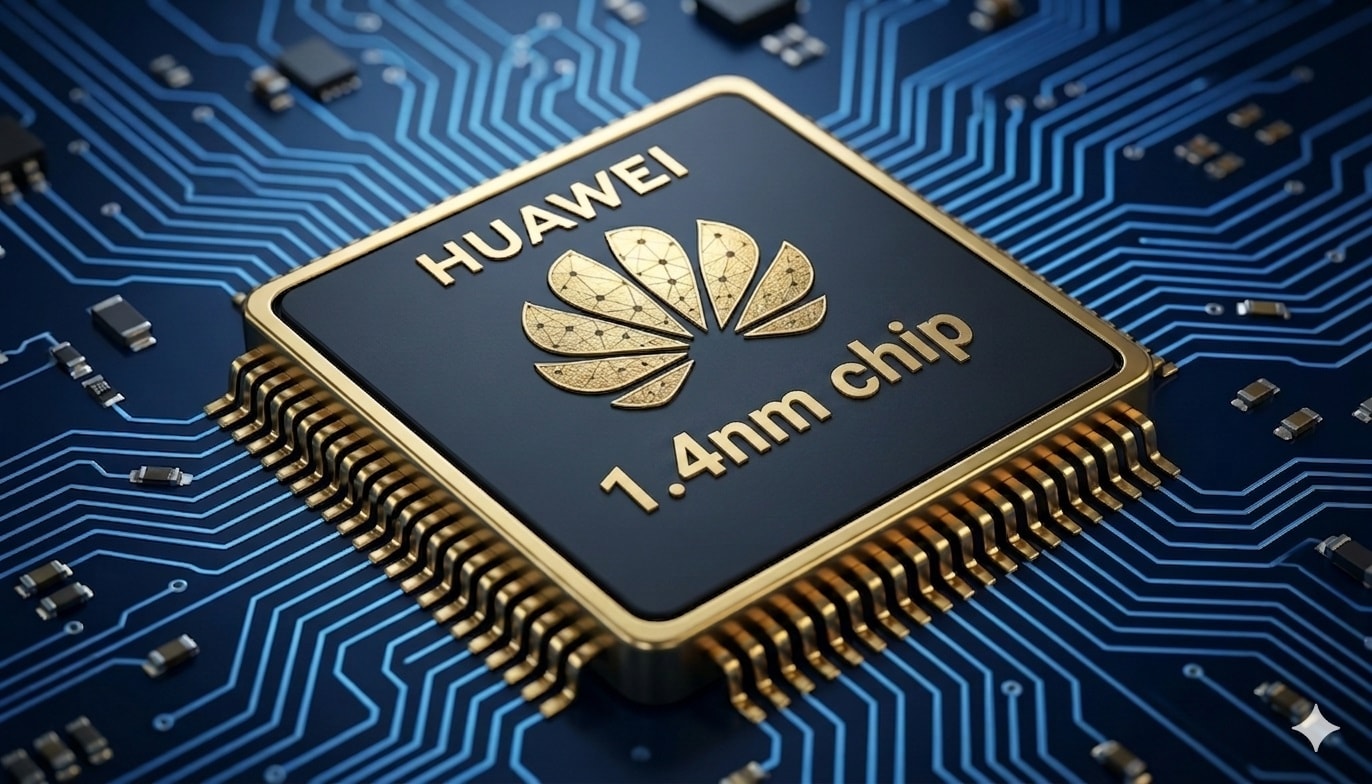 A close-up 3D render of a computer processor chip mounted on a dark blue circuit board with intricate gold-plated pins. The top surface of the chip has a matte dark gray finish, featuring the golden Huawei flower logo in the center. The brand name "HUAWEI" is embossed in gold lettering above the logo, and the text "1.4nm chip" is written in gold below it. Complex blue circuit traces radiate outwards across the motherboard.