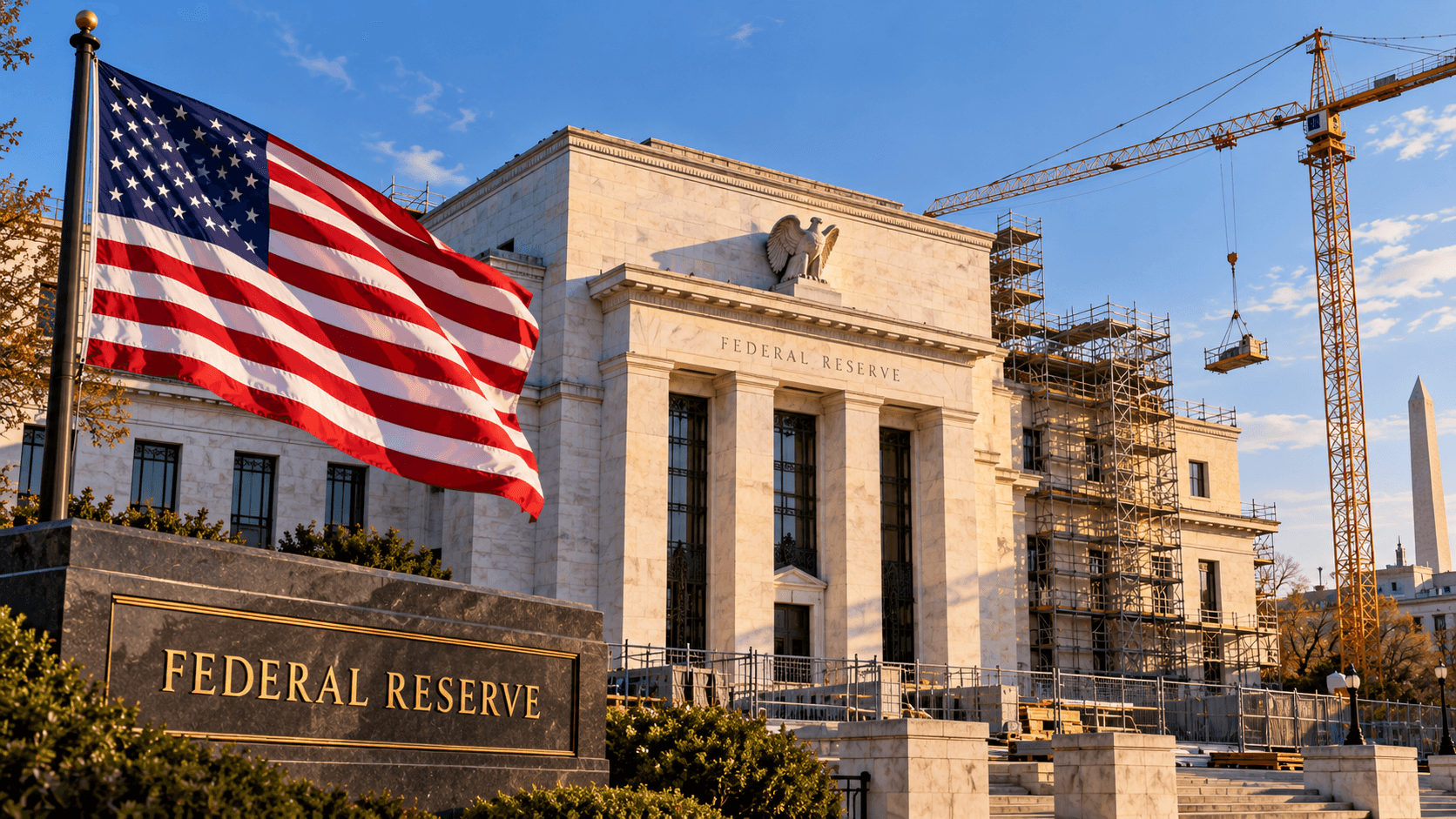 AI-generated illustration of the Federal Reserve building in Washington, D.C., featuring the American flag and construction scaffolding, representing the upcoming US interest rate decision.