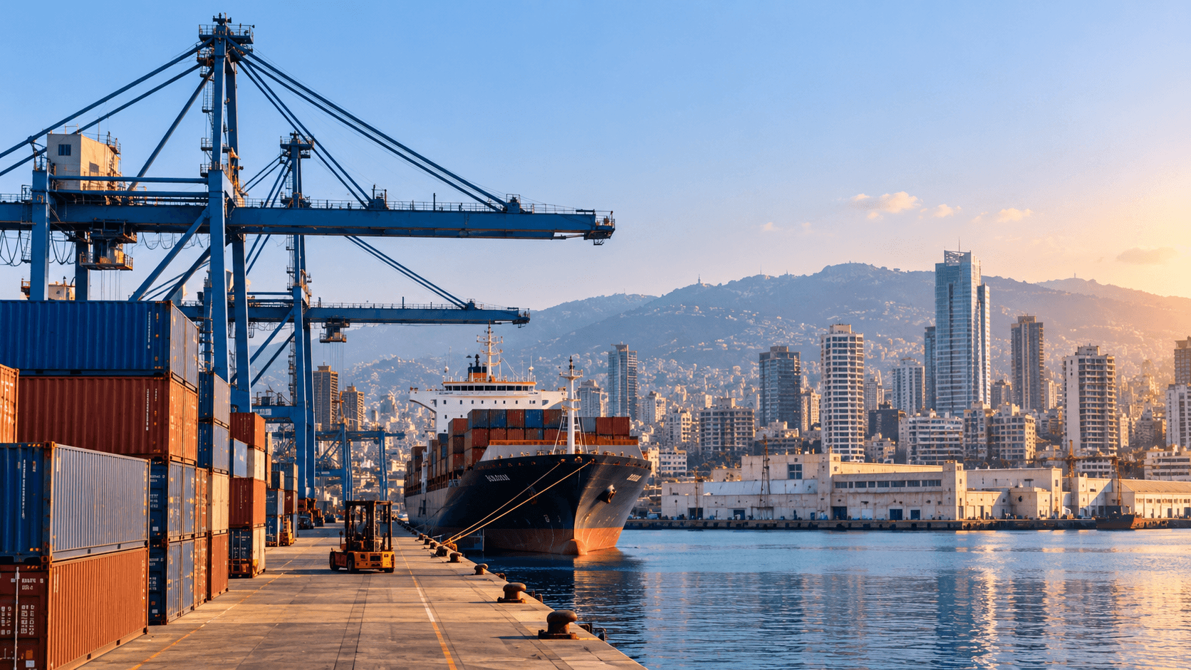 AI-generated illustration of Beirut Port featuring shipping containers, cargo cranes, a docked vessel, and the Beirut skyline, representing efforts to strengthen integration between the port and the city.