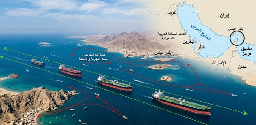 مضيق هرمز تظهر ناقلات نفط متجهة نحو الخروج من المضيق، مع خطوط منقطة توضح مسارات التهريب، وخلفية تظهر خريطة لمنطقة الخليج العربي