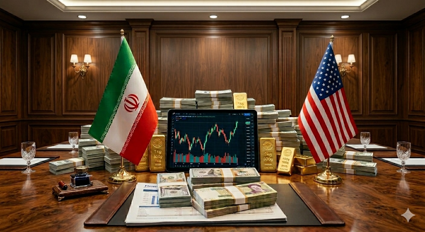 A high-angle, medium shot depicts a dark wood-paneled negotiation room with a large, polished oval conference table. Atop the table, a stark contrast is established by two table-top flags: the flag of Iran on the left and the United States flag on the right. Between the flags, large stacks of US dollar bills and Iranian rials dominate the scene, alongside several gold bullion bars weighing 1 kg and 500g. A large digital tablet is positioned in the center, displaying a fluctuating financial candlestick chart with green and red bars. The background consists of a seamless, elegant wood-paneled wall accented by decorative wall sconces, creating a closed and private atmosphere. The table is neatly arranged with fine glassware and leather-bound blotters, yet the room remains completely devoid of people.