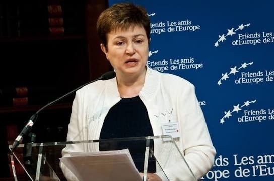 Kristalina Georgieva speaking at a conference podium