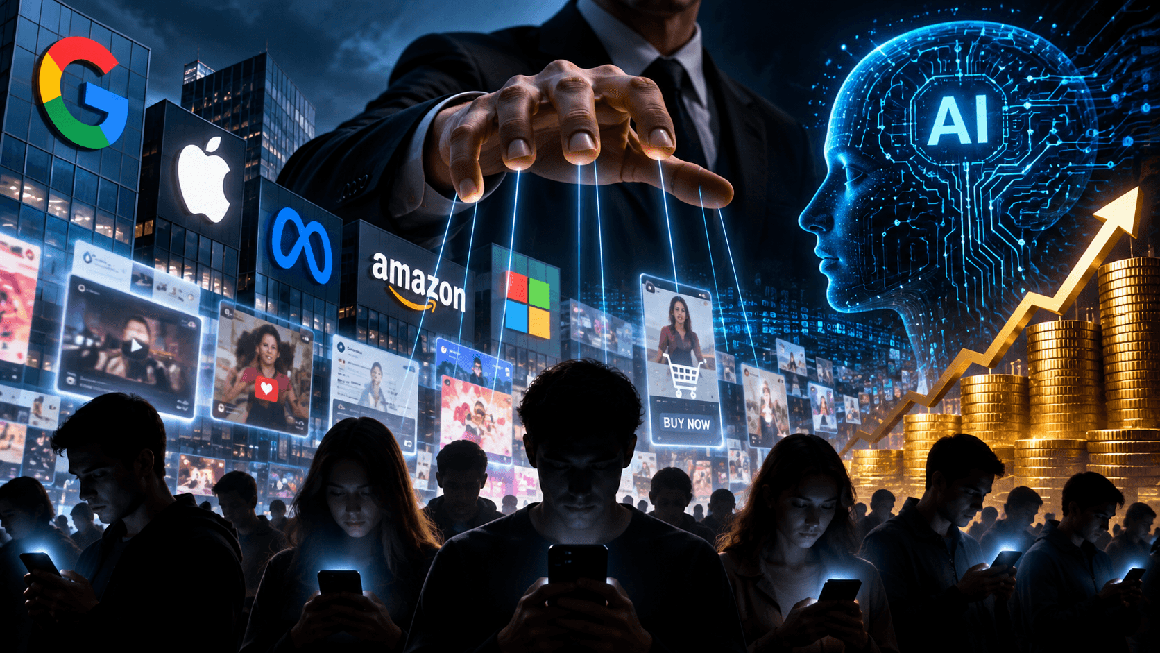 AI-generated illustration of technology company logos, an artificial intelligence interface, smartphone users, digital advertisements, and rising profits, representing the influence of Big Tech on consumer behavior.