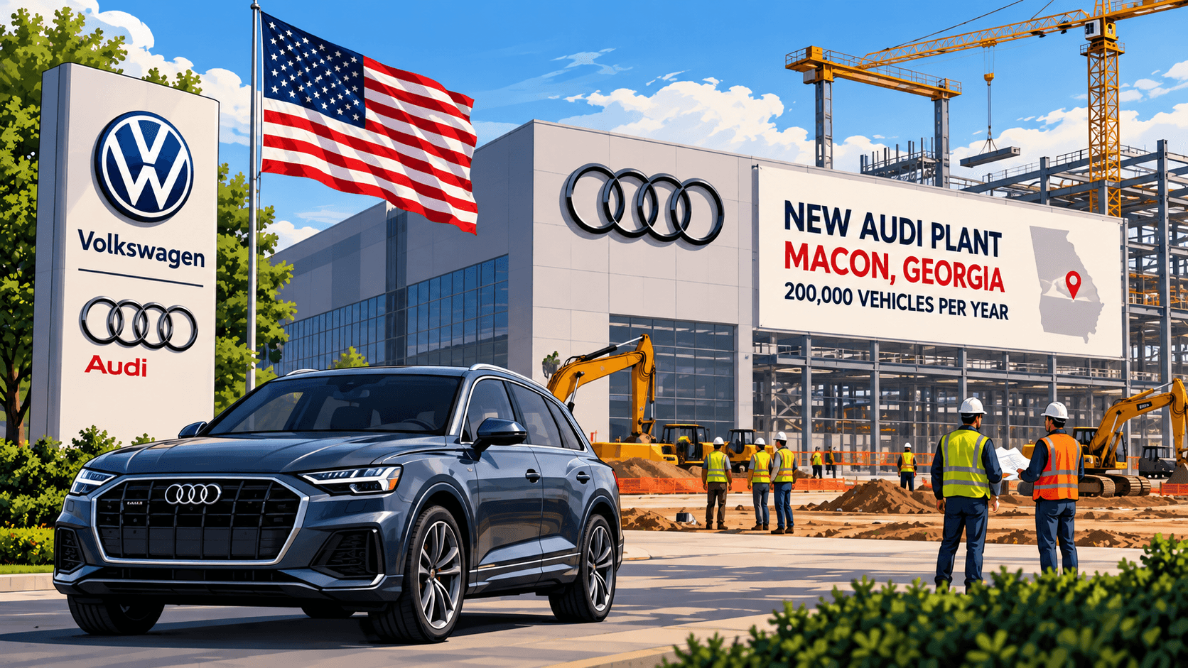 AI-generated illustration of a planned Audi manufacturing plant in Macon, Georgia, featuring an Audi SUV, Volkswagen and Audi logos, the American flag, and construction equipment.