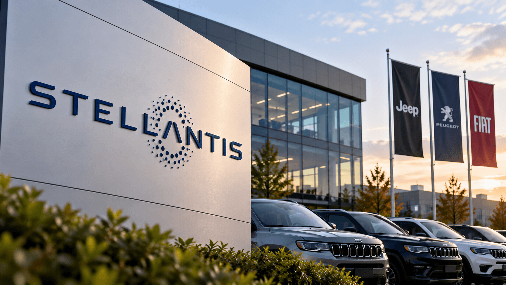 AI-generated illustration of Stellantis signage on a modern corporate building, with Jeep, Peugeot, and Fiat flags, representing the automaker's financial challenges and declining stock performance.