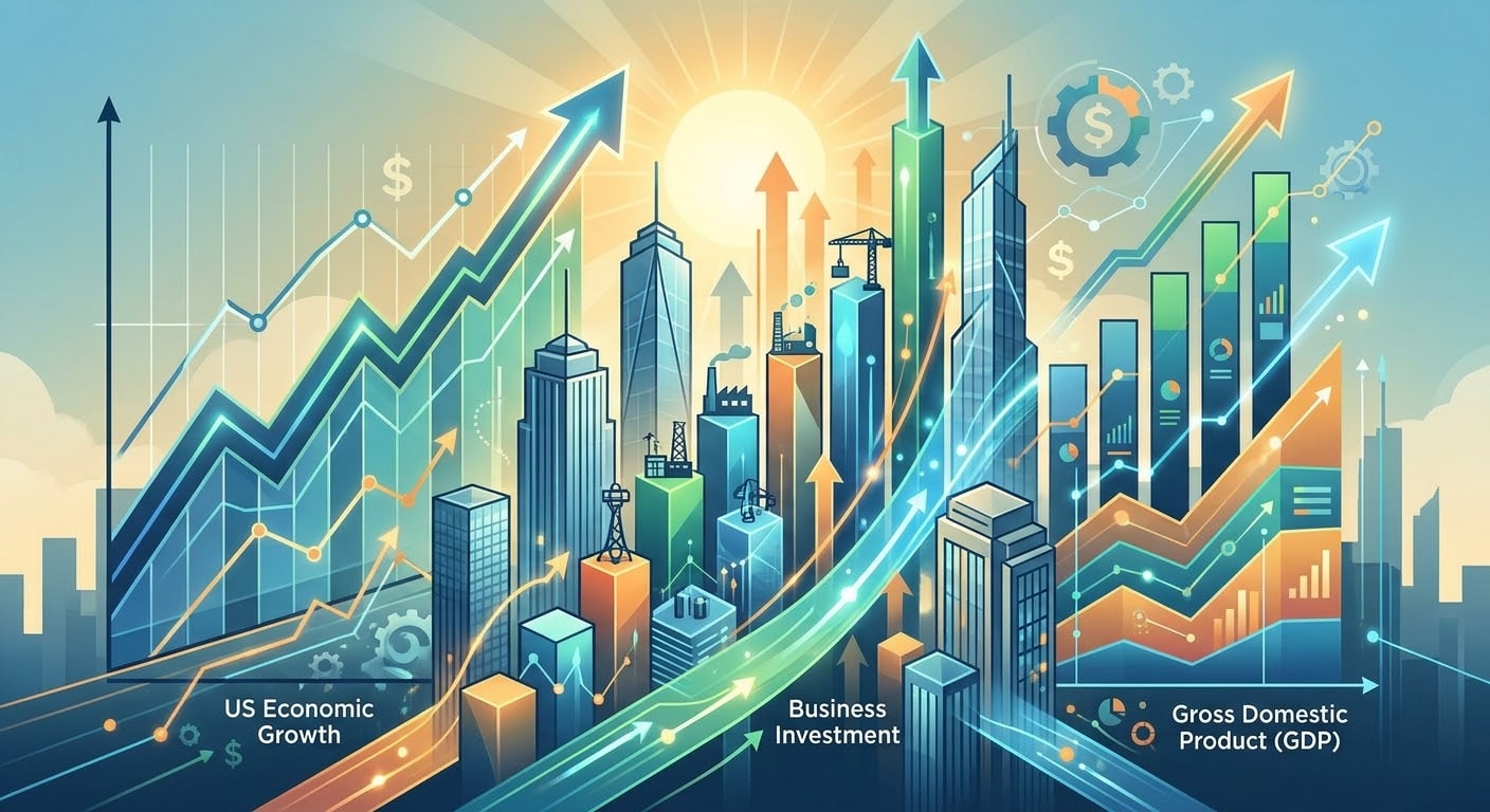 Conceptual 3D financial illustration representing US economic growth, featuring dynamic stock charts, upward-trending arrows over a modern city skyline, glowing data icons, and bar graphs representing gross domestic product and business investment in a vibrant blue, gold, and green color palette.