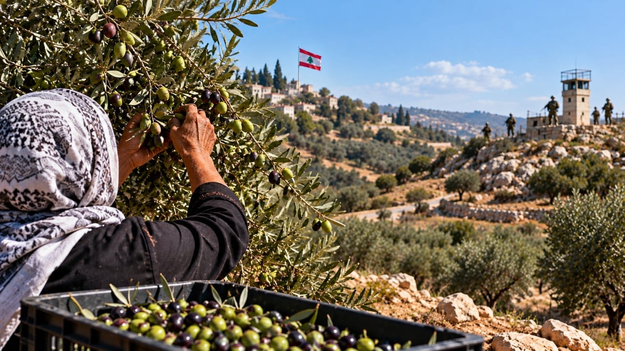 AI-generated illustration of a Lebanese farmer harvesting olives in southern Lebanon, with a Lebanese flag near a distant village and a separate military watchtower on a hillside, symbolizing the challenges facing local farmers
