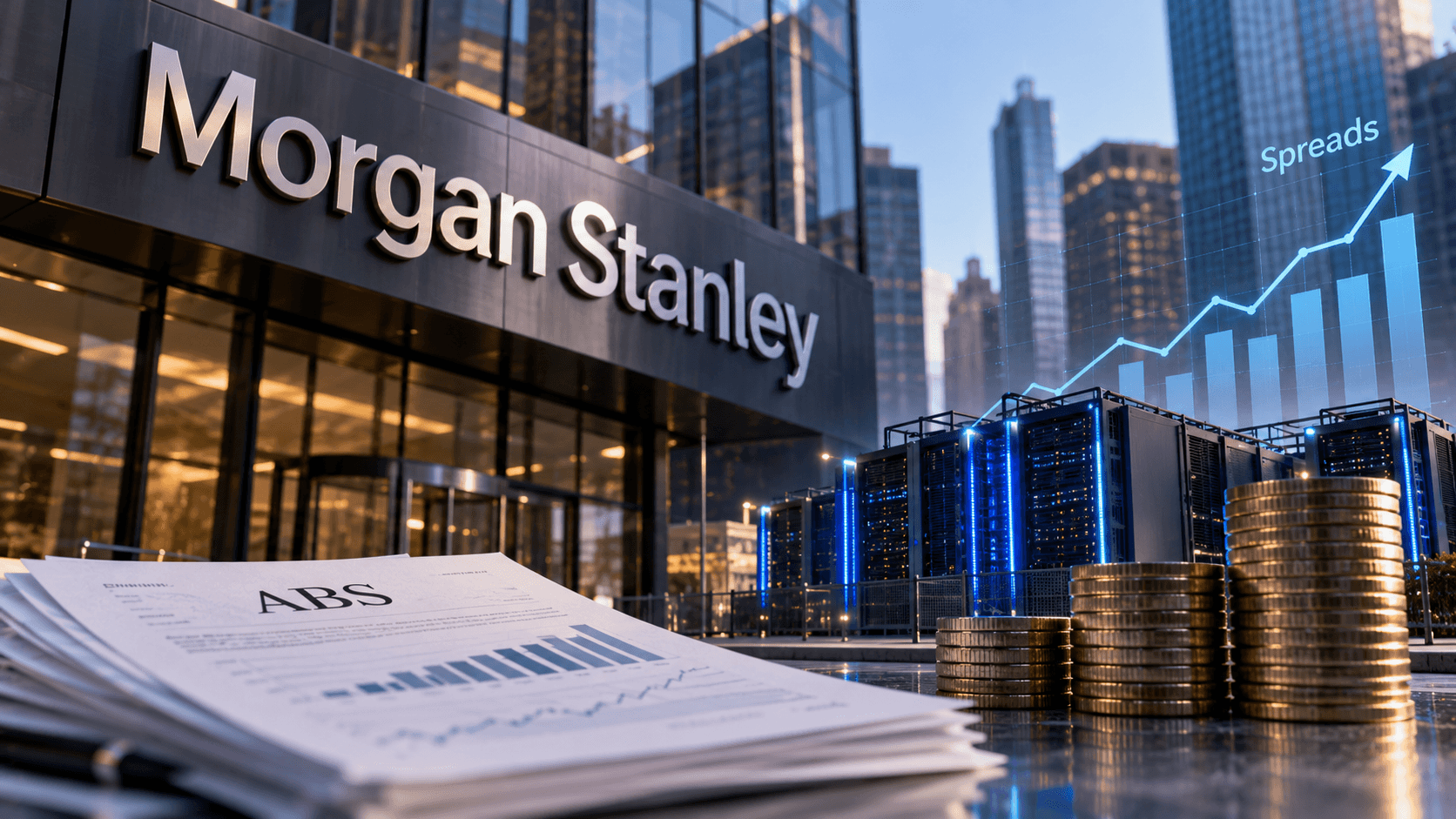 AI-generated illustration featuring Morgan Stanley signage, data center servers, asset-backed securities documents, coin stacks, and a rising chart representing expectations of wider data-center ABS spreads.