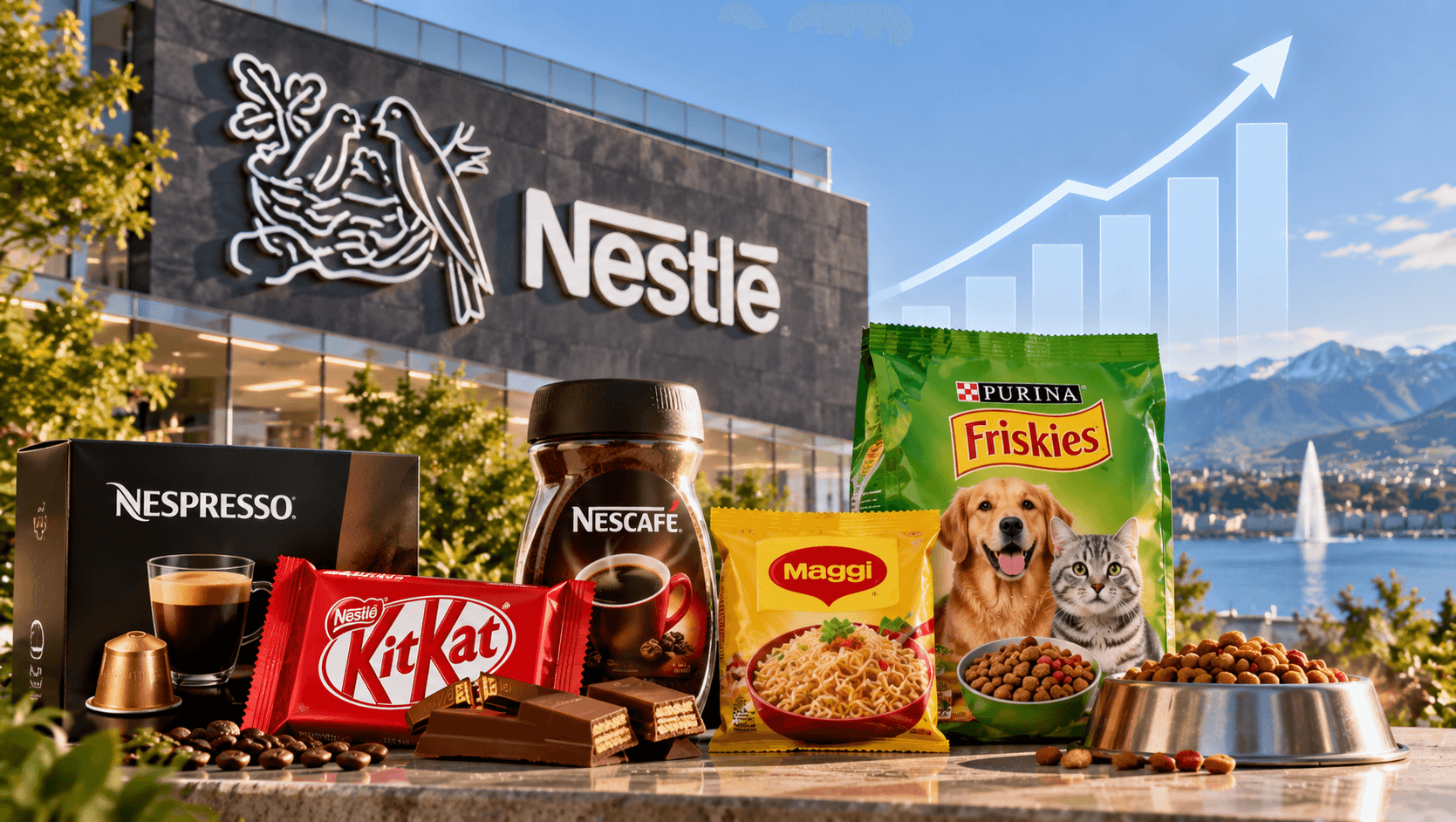AI-generated illustration featuring Nestle products, including KitKat, Nescafe, Nespresso, Maggi and Purina pet food, with an upward sales chart symbolizing strong third-quarter sales growth.