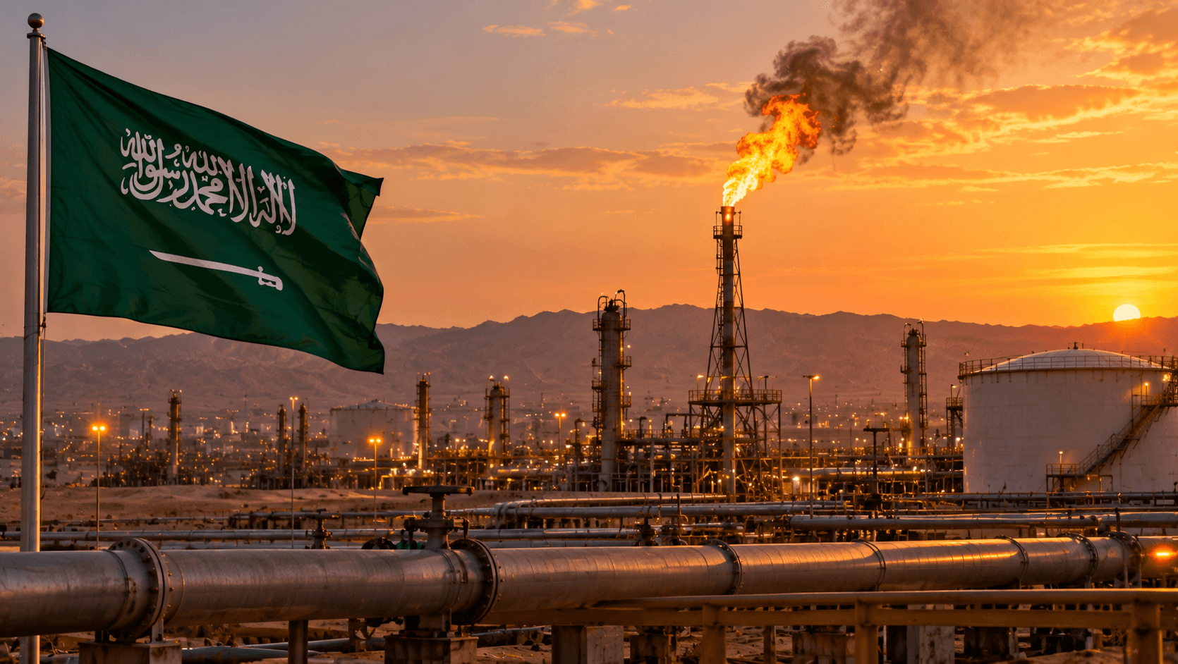 AI-generated illustration of a Saudi Arabian oil facility at sunset, featuring pipelines, storage tanks, a flare stack and the Saudi flag, symbolizing rising oil prices and concerns over Middle East energy supplies.